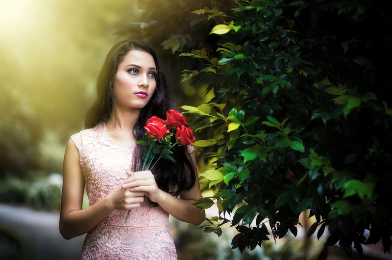 green, beauty in nature, flower, hair, rose - flower, contemplation, fashion, plant, lips, 4K, makeup, young women, roses, holding, dress, pink, photoshoot
