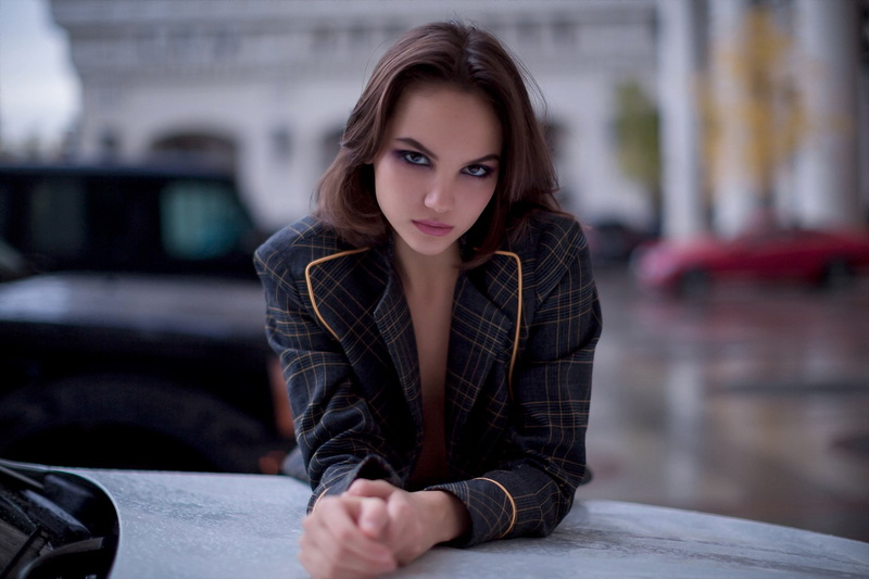 portrait, brown eyes, face, Maria Demina, women, vest, depth of field, brunette, 1080P