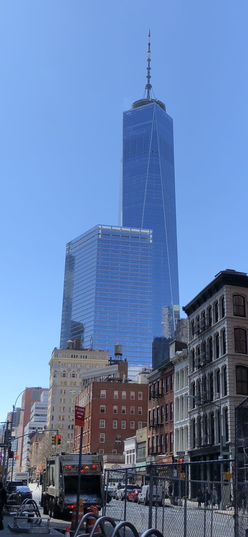garbage truck, built structure, nature, street, sky, united states, financial district, new york, skyscraper, city, tall - high, travel destinations, no people