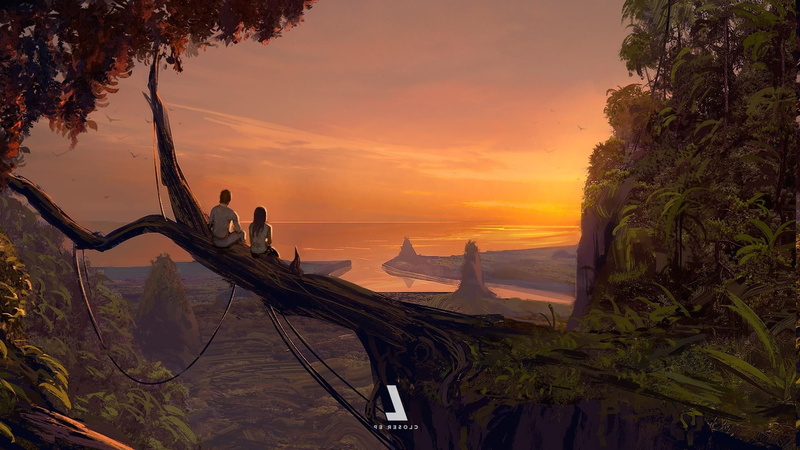 sunset, cloud - sky, sky, sea, water, scenics - nature, land, idyllic, orange color, plant, beauty in nature, outdoors, 1080P, tranquil scene, monstercat closer ep laszlo landscape artwork