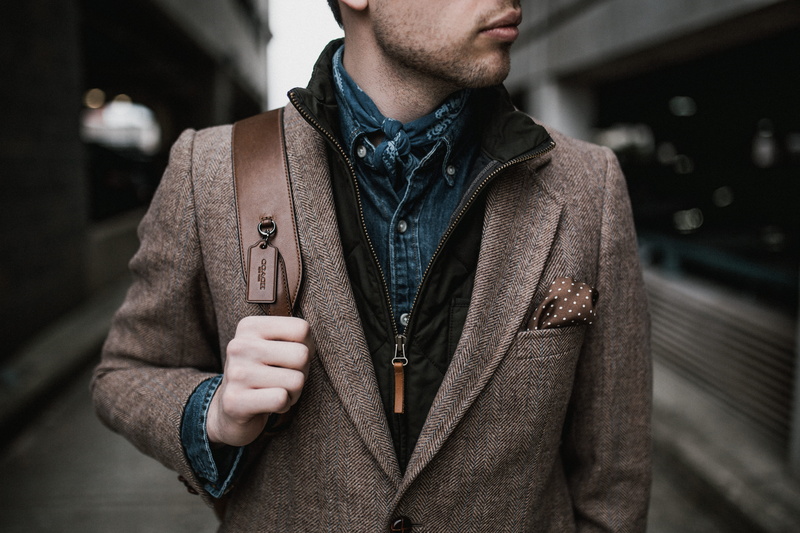 young men, midsection, one person, focus on foreground, standing, jacket, suit, denim, button, leather, strap, fashion, architecture, tag, gray, 5K, denim shirt