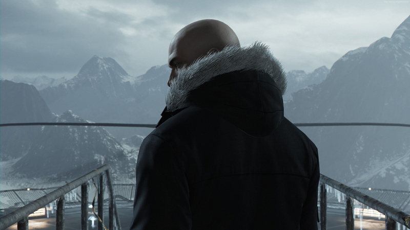 railing, cold temperature, water, hitman, hood - clothing, looking at view, 4K, mountain, one person, winter, snowcapped mountain, headshot, rear view