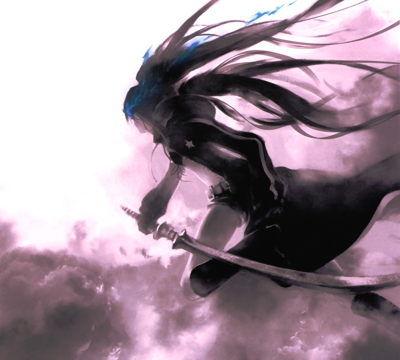 swords, black, art, rock, brunettes, long, anime, 2K, Black Rock Shooter, Running, hd, hair, girls, weapons, long hair, shooter, twintails, capes, people