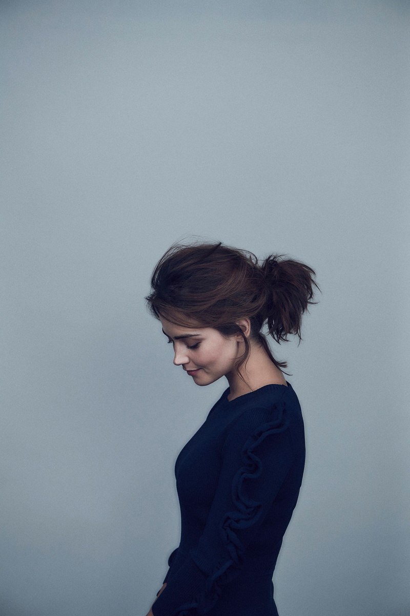 actress, profile, 1080P, Jenna Coleman (Actress), looking below, women, brunette, simple background, blue background