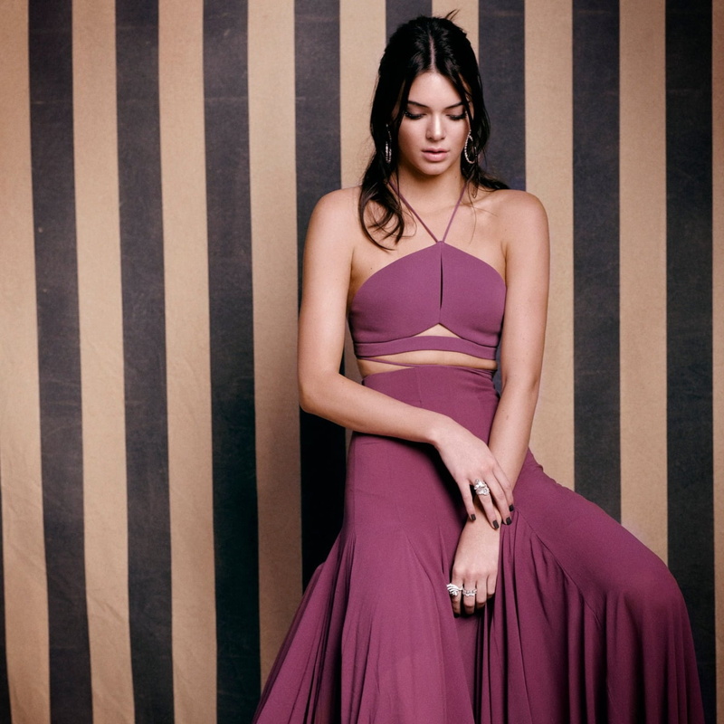 Kendall Jenner, sitting, purple dress, 720P, looking below, long hair, women, model, brunette, dark hair