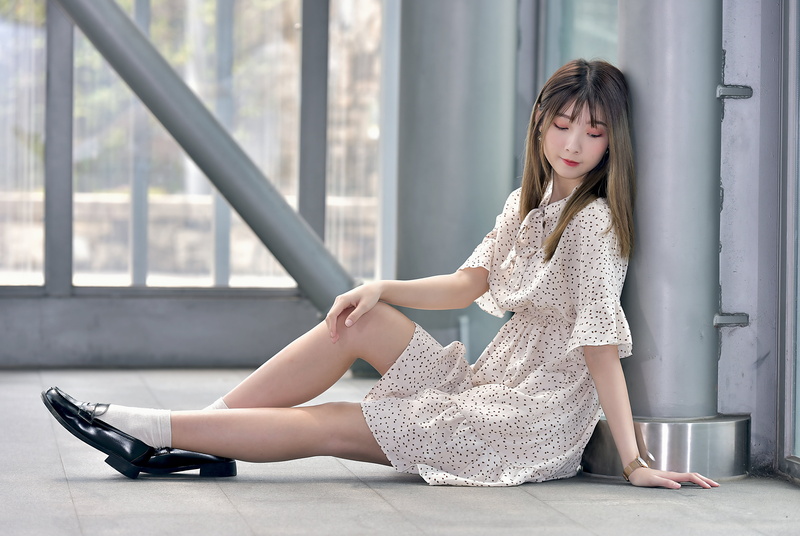 dress, model, short socks, long hair, brunette, looking below, women, sitting, 4K, slippers, metal, wristwatch, leaning, Asian