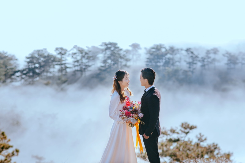 celebration, photo, nature, people, seaclouds, angle, holding hands, bonding, white dress, landscape, elegant, adult, married, flower arrangement, wedding bouquet