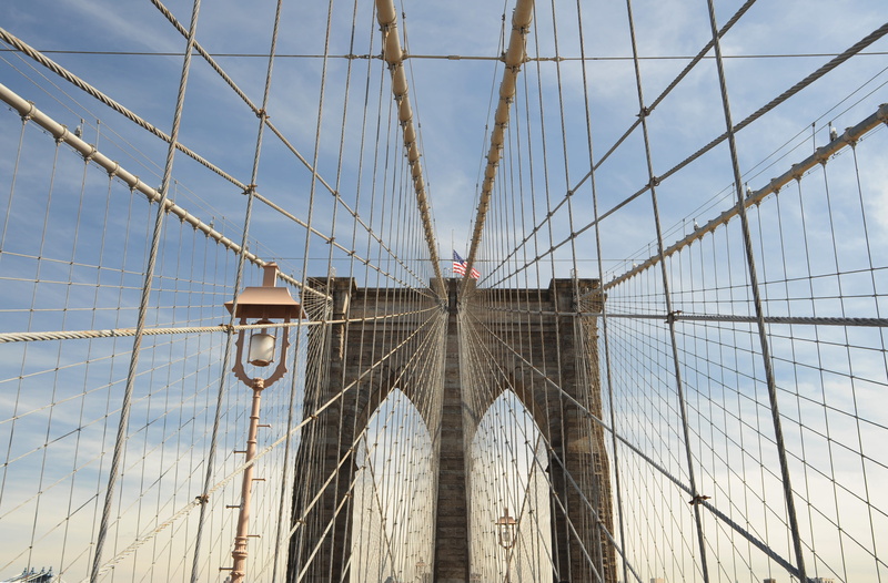 clouds, tourist, steel cable, building exterior, travel destinations, day, low angle view, skyscraper, new york, united states, outdoors, bridge, big apple