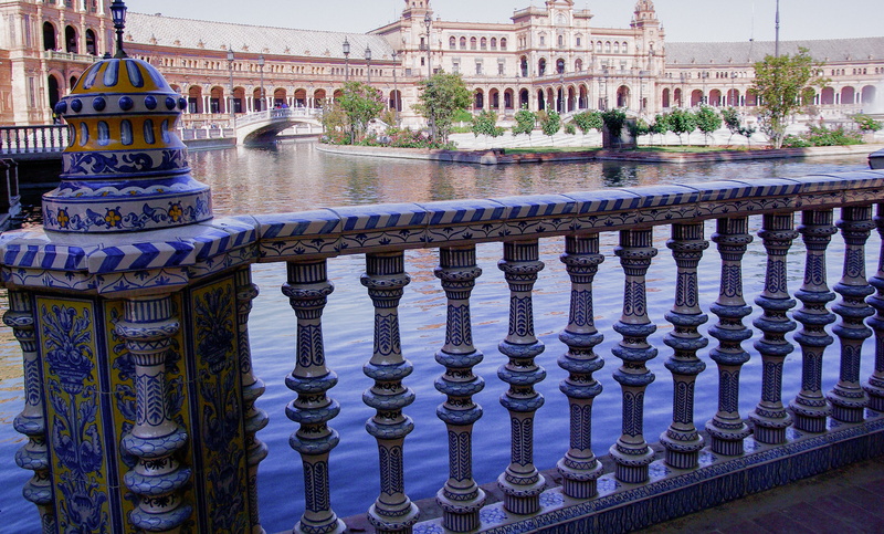 bridge, tourism, the past, no people, palace, reflection, history, railing, balustrade, travel destinations, famous Place, day, seville, travel, river