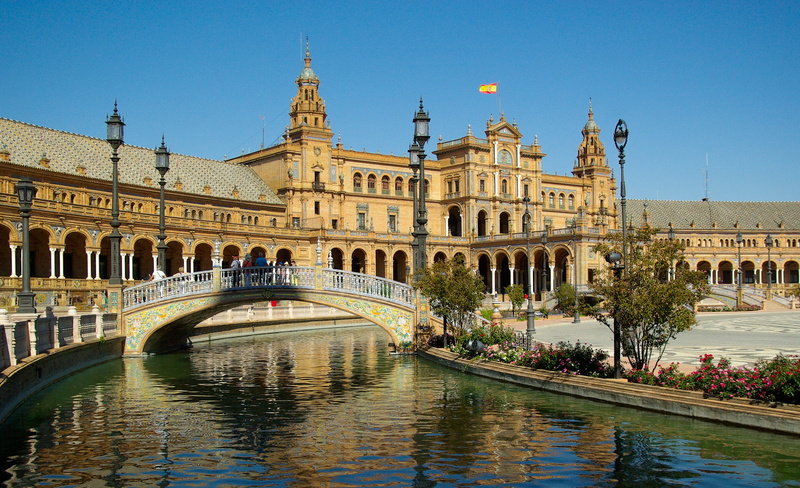 built structure, arch, river, reflection, history, instead of spain, andalusia, government, bridge, famous Place, tourism, seville, palace, daytime, clear sky