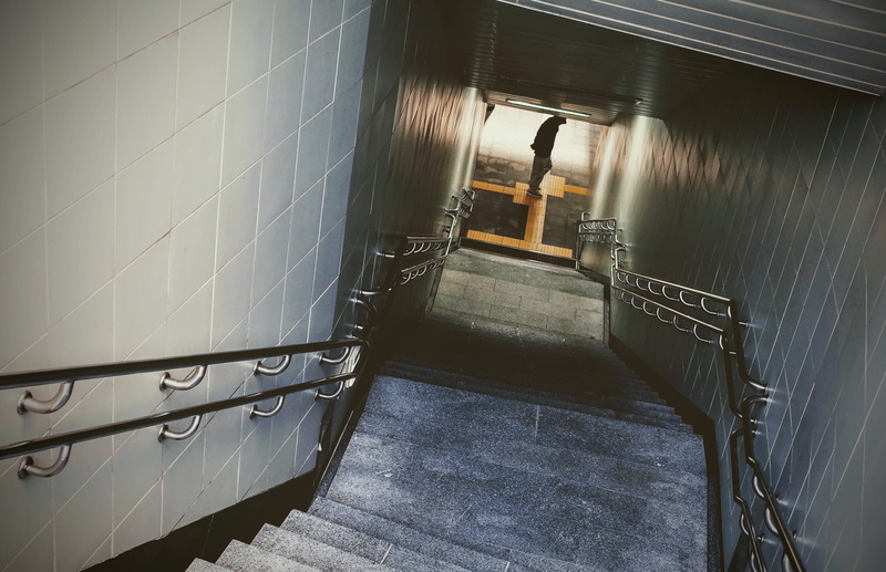 modern, view, stairs, high angle view, handrails, absence, subway station, steps and staircases, no people, day, tile, contemporary, staircase, tiled floor