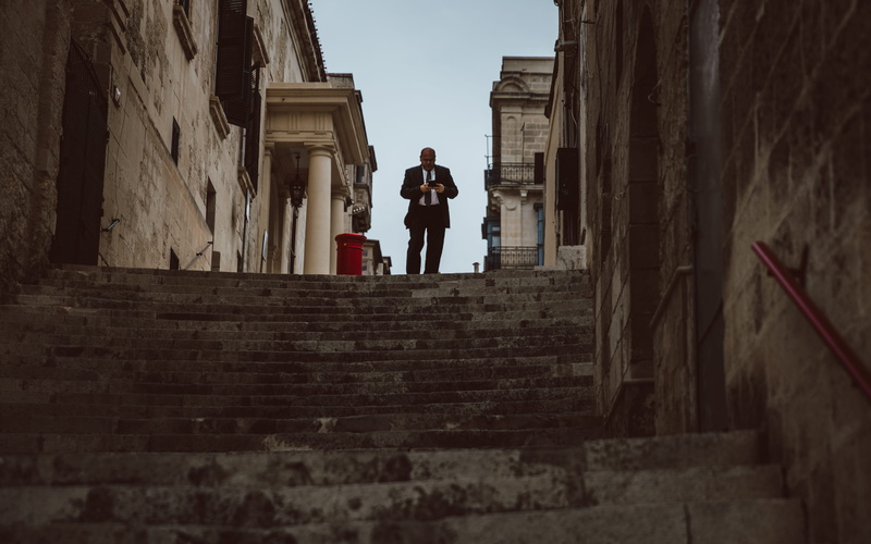 staircase, column, valletta, road, man, alleyway, men, history, town, alley, 2K, dark, downstairs, concrete, the past, walking, city, day, steps and staircases