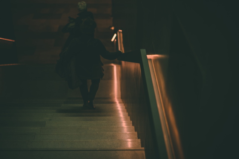 women, architecture, rear view, leisure activity, real people, silhouette, direction, building, stairs, night, 5K, low, one person, light, full length