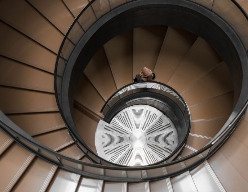 pattern, business, building, built structure, angle, steps and staircases, railing, high angle shot, day, high angle view, design, steel, indoors, spiral