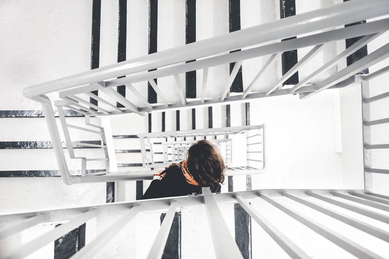 downstairs, women, young women, stair, wood - material, casual clothing, rear view, headshot, interior, outdoors, handrail, real people, staircase, stairs