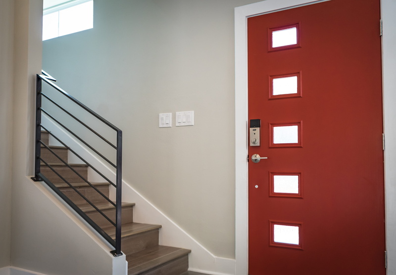 beside, staircase, interior, 5K, wall, railing, architecture, building, white color, family, door, red, day, step, stairs, room, empty, interior design