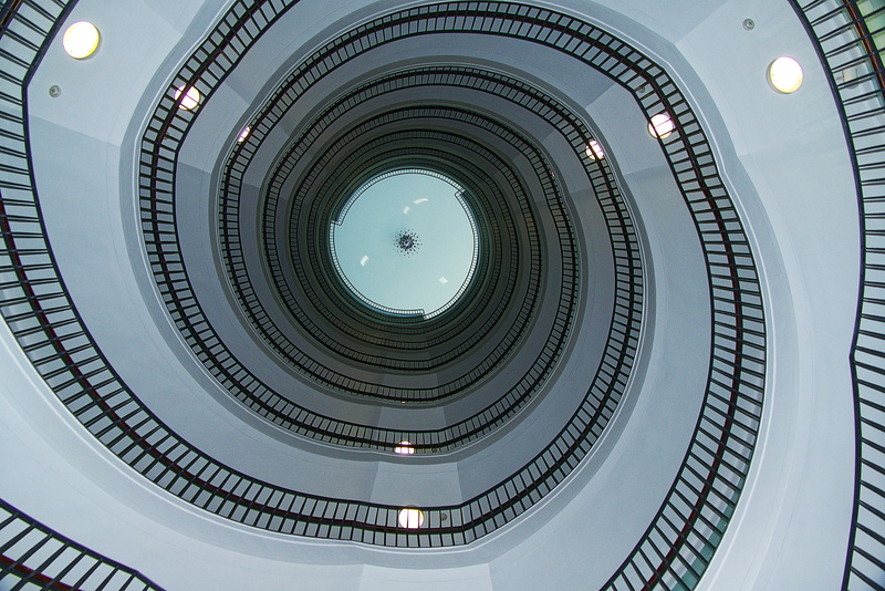 spiral staircase, stair step, emergence, round, geometric shape, circle, brightly lit, 5K, equipment, floors, staircase, directly below, aerospace industry