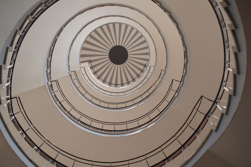 spiral staircase, full frame, gradually architecture, circle, skylight, 4K, day, treppengeländer, directly below, concentric, built structure, railing