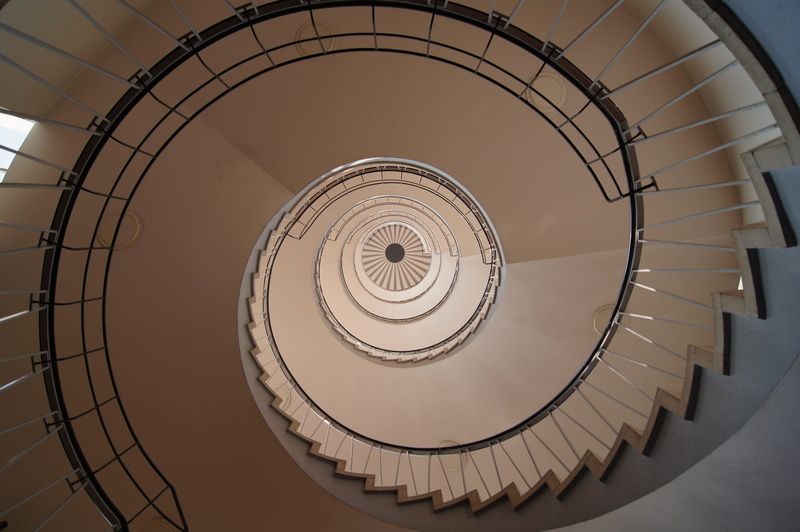 stairs, directly below, pattern, design, circle, upward, low angle view, no people, diminishing perspective, swirl, concentric, building, interior design