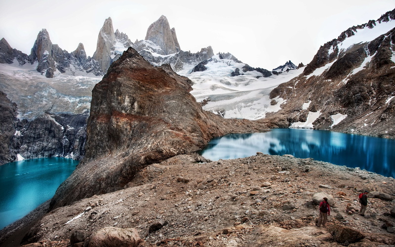 climbers, standing, scenics - nature, scenics, tranquility, lake, famous Place, glacier, 2K, turquoise colored, outdoors, snowcapped mountain, winter