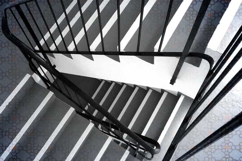 no people, down, metal, sign, sunlight, nature, day, gradually, grey, emergence, shadow, high angle view, city, stairs, security, outdoors, railing, architecture