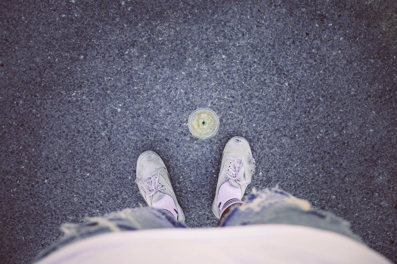 day, standing, human limb, body part, city, real people, asphalt, looking down, casual clothing, high angle view, street, jeans, men, directly above, limb