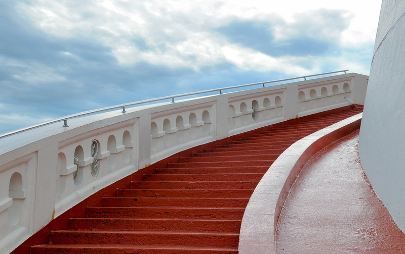 white color, cloud - sky, outdoors, red, heaven, transportation, up, bridge, photography, staircase, day, built structure, concrete, nature, bridge - man made structure
