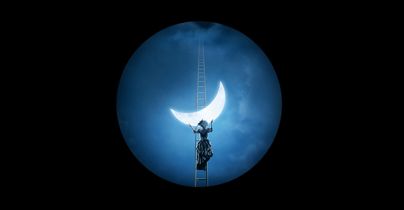 lady, fantasy, 4K, stairway to heaven, black background, взгляд в телескоп, девушка держит месяц, clouds, the moon