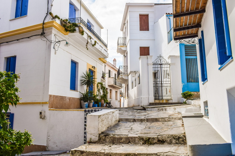 entrance, city, plant, window, island, chora, mediterranean, town, outdoors, no people, day, potted plant, white color, houses, architecture, built structure