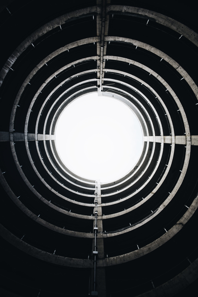 low, building, design, staircase, spiral staircase, 5K, spiral, architecture, shape, sky, round, steps and staircases, tubular, gray, circle, metal, railing