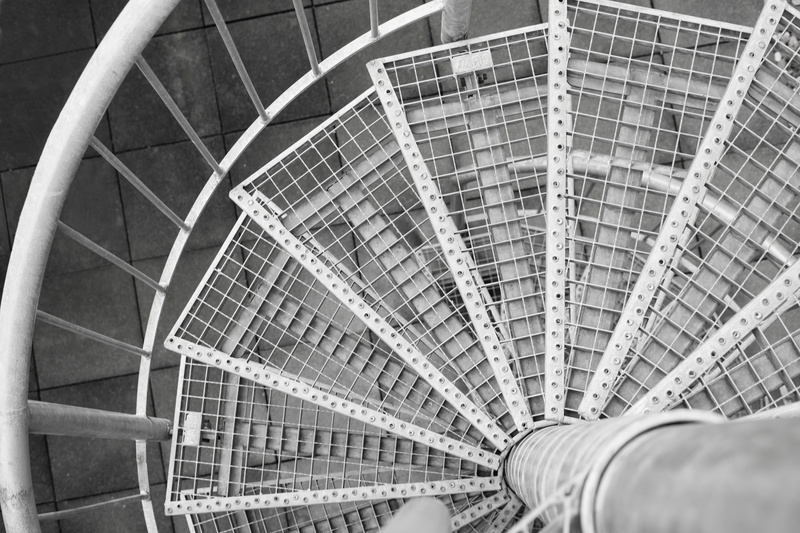 structure, ceiling, diminishing perspective, spiral, pattern, fire escape, futuristic, Spiral Staircase, Steel, metal, staircase, city, building, design