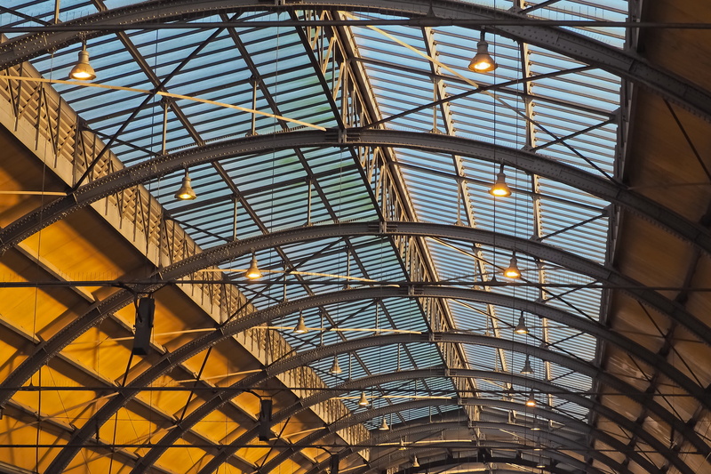 hall, low angle view, interior, skylight, day, indoors, low, architecture and art, architecture, stainless, steel, clock, photo, transparent, industry