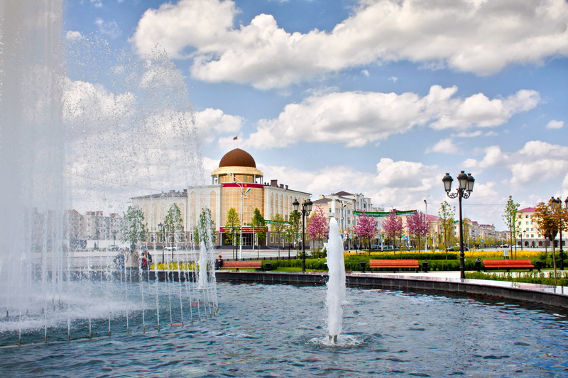 cityscape, monument, urban Skyline, splashing, travel, 4K, summer, built Structure, church, chechnya, europe, blue, building Exterior, city, town, motion