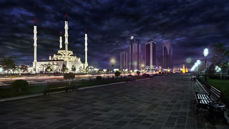 architecture, nature, travel, Night, Chechnya, Mosque, religion, 1080P, building, sky, belief, city, tower, Bench, Park, spire, tall - high, building exterior