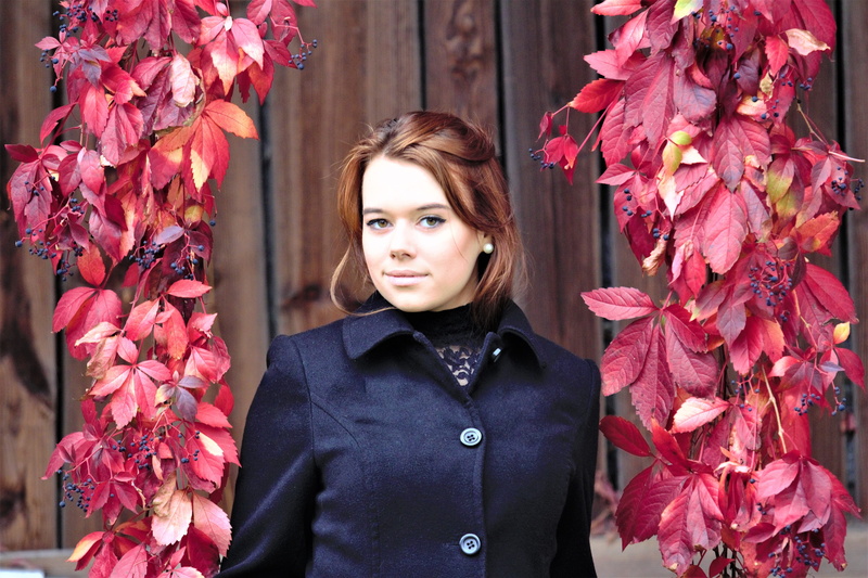 front view, pretty, girl, autumn, feminine, plant part, fashion, leaf, outdoors, button, young, beauty in nature, pink color, hair, adult, black, red, scarf