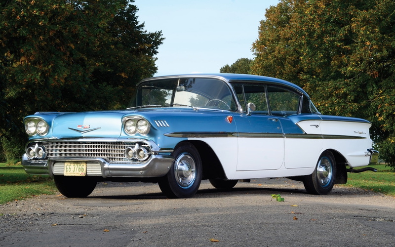 trees, 1080P, road, vintage, the sky, Sport Sedan, blue, classic, Bel Air, 1958, the front, white, Bel Ayr, sedan, sport, Chevrolet