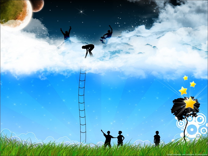 sky, six, Cloud, Artistic, Planet, Field, Vector, Tree, people, Silhouette, Ladder, 720P