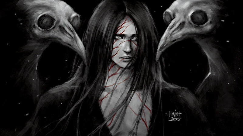 shirt, hairstyle, young adult, fantasy art, beautiful woman, long hair, sketch, one person, women, dark, wearing, looking at camera, spooky, hair, black background