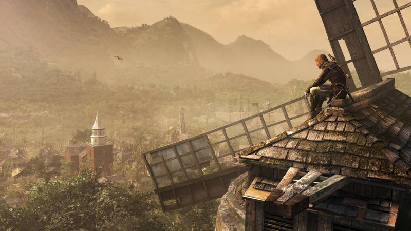 windmill, building, mountain, day, sky, religion, outdoors, assassin, built Structure, art, buddhism, temple - Building, black flag, cultures, people, real people