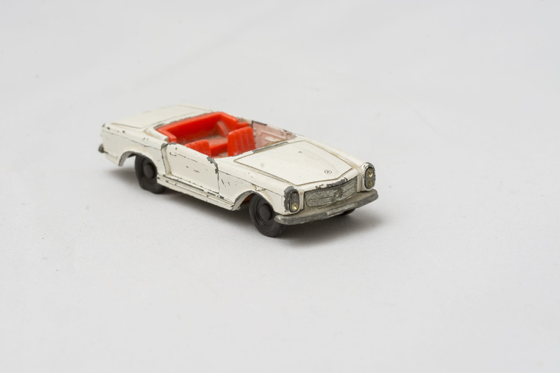 studio shot, retro, car, business, mercedes, red, small, no people, matchbox, accident, motor vehicle, found in the cellar, white background, cut out, close-up