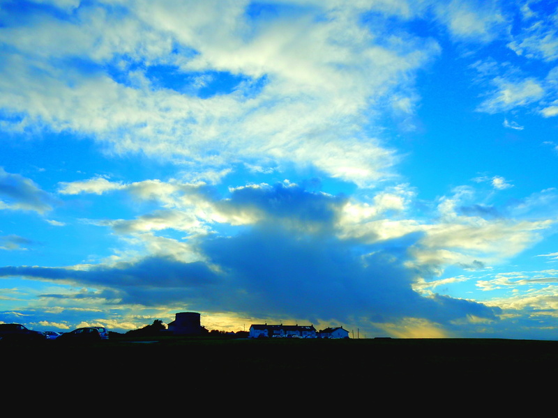 tranquil scene, landscape, scenics - nature, ireland, building, environment, nature, blue, skerries, day, sunlight, tranquility, building exterior, built structure