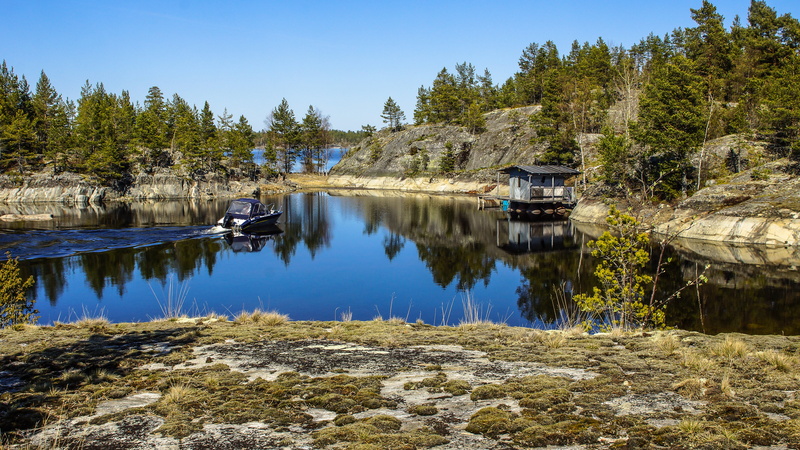 non-urban scene, nautical vessel, beach, rock, scenics - nature, pine woodland, no people, water, 5K, reflection, skerries, outdoors, tranquil scene, sky