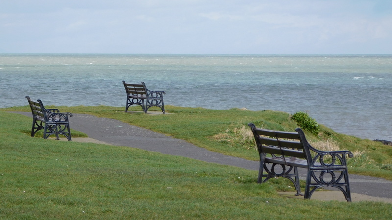 tranquility, sky, tranquil scene, green color, park bench, benches, sea, outdoors, empty, three, nature, walkway, table, 4K, ireland, skerries, chair