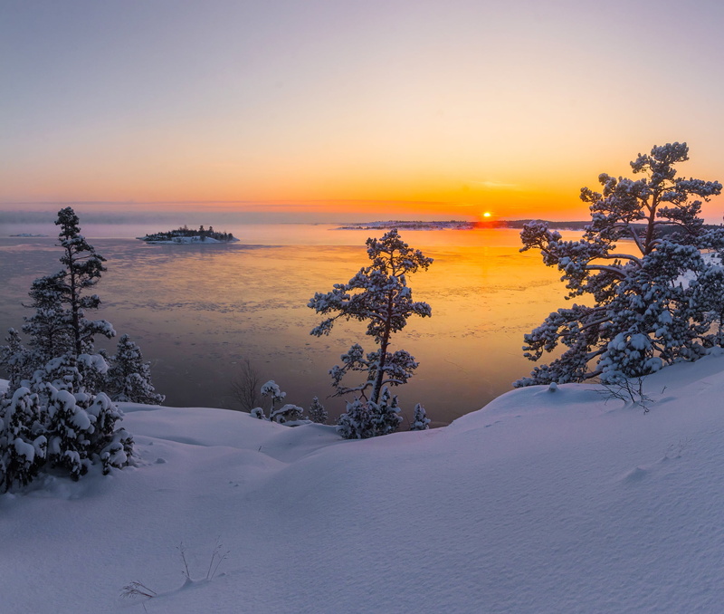 the sun, Vaschenkov Pavel, landscape, snow, Skerries, Lake Ladoga, Karelia, nature, Ladoga, trees, winter, 1080P, dawn, lake, morning