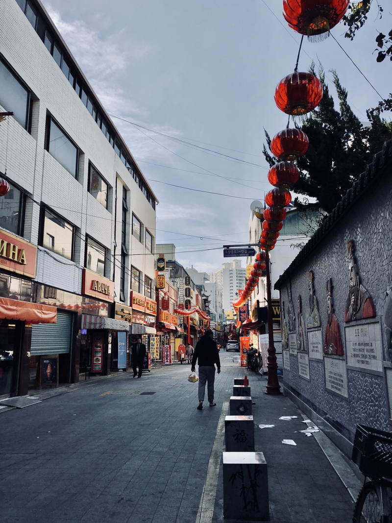 4K, men, town, 561-2 choryang 1(il)-dong, architecture, tarmac, walking, choryang 1(il)-dong, intersection, bicycle, rear view, transportation, human