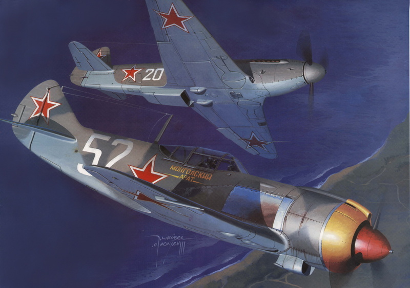 single-engine, WWII, figure, La 5FN, water, The Yak-9P, fighters, Soviet, shore, art, 5K, earth