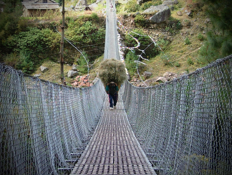 nature, connection, one person, land, nepal, the way forward, rope bridge, himalaya, rear view, built structure, day, outdoors, direction, walking, footbridge