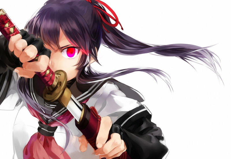 red, hair, percent, eyes, rff, weapon, 720P, black, original, seifuku, ponytail, katana, sword