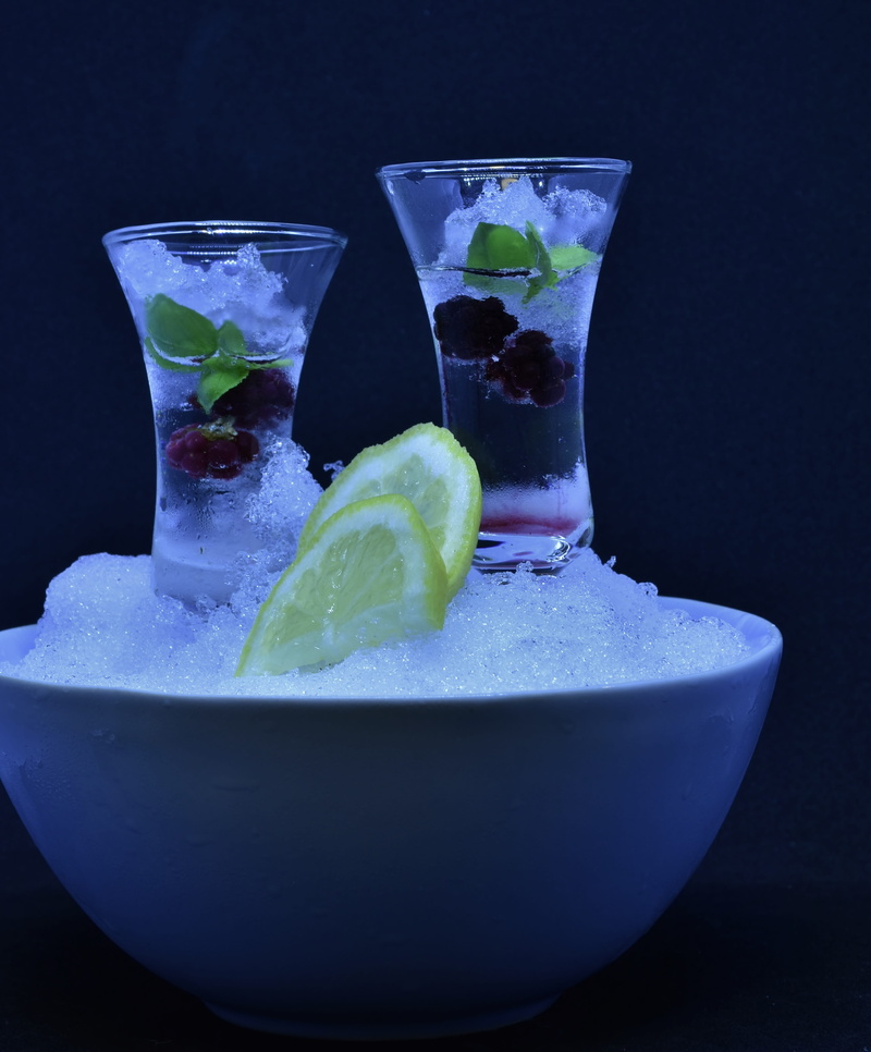 fruit, shot glasses, cups, chilled, still life, no people, snow, mint leaf - culinary, ice, glass, food, drinking glass, ice cold, drink, sliced, brandy