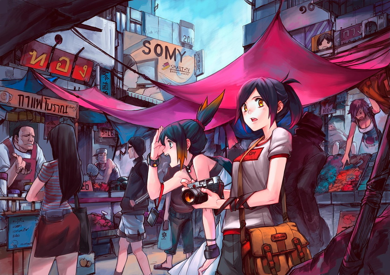 black hair, 1080P, anime girls, anime, orange eyes, short hair, markets, camera